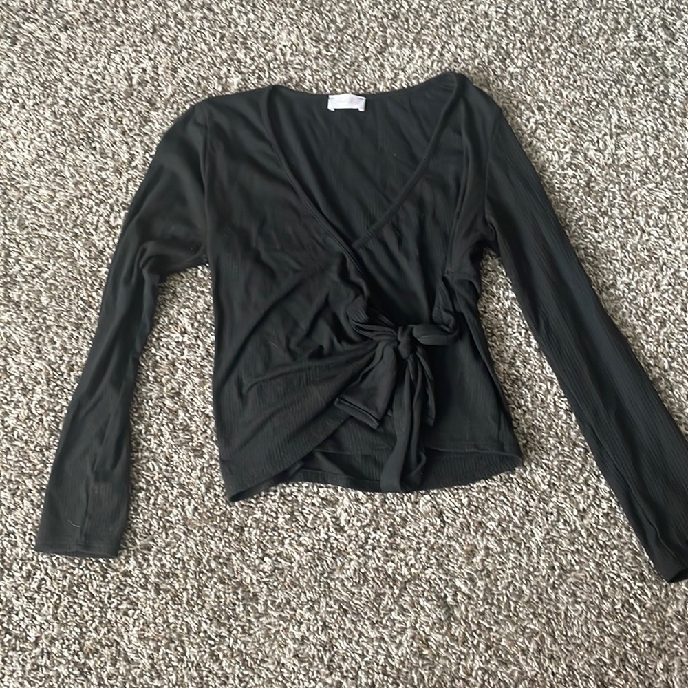 Pink Lily, black cross tie long sleeve blouse